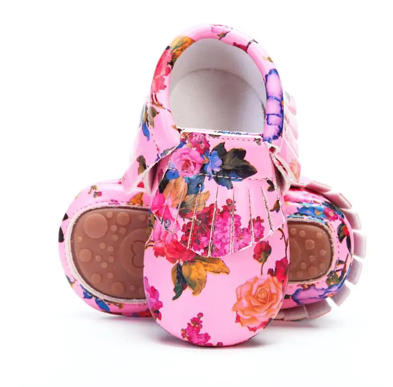 

PU leather Floral printing baby moccasins hard sole fringe toddler baby girls boys shoes 2019 new little kids outdoor shoes