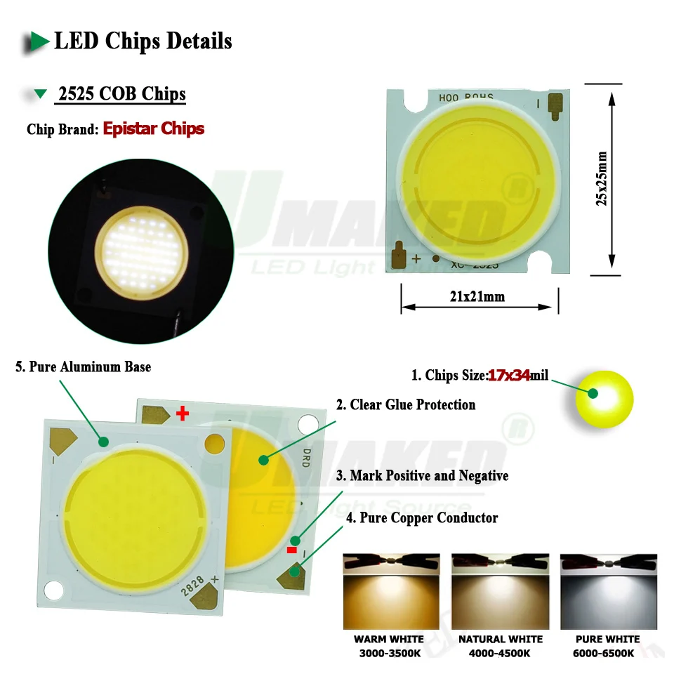Светодиодные чипы 10 шт. 20 Вт 30 36 40 50 1818/1919/2525 мм Epistar Ra&gt95 17x34mil диод SMD COB потолочные