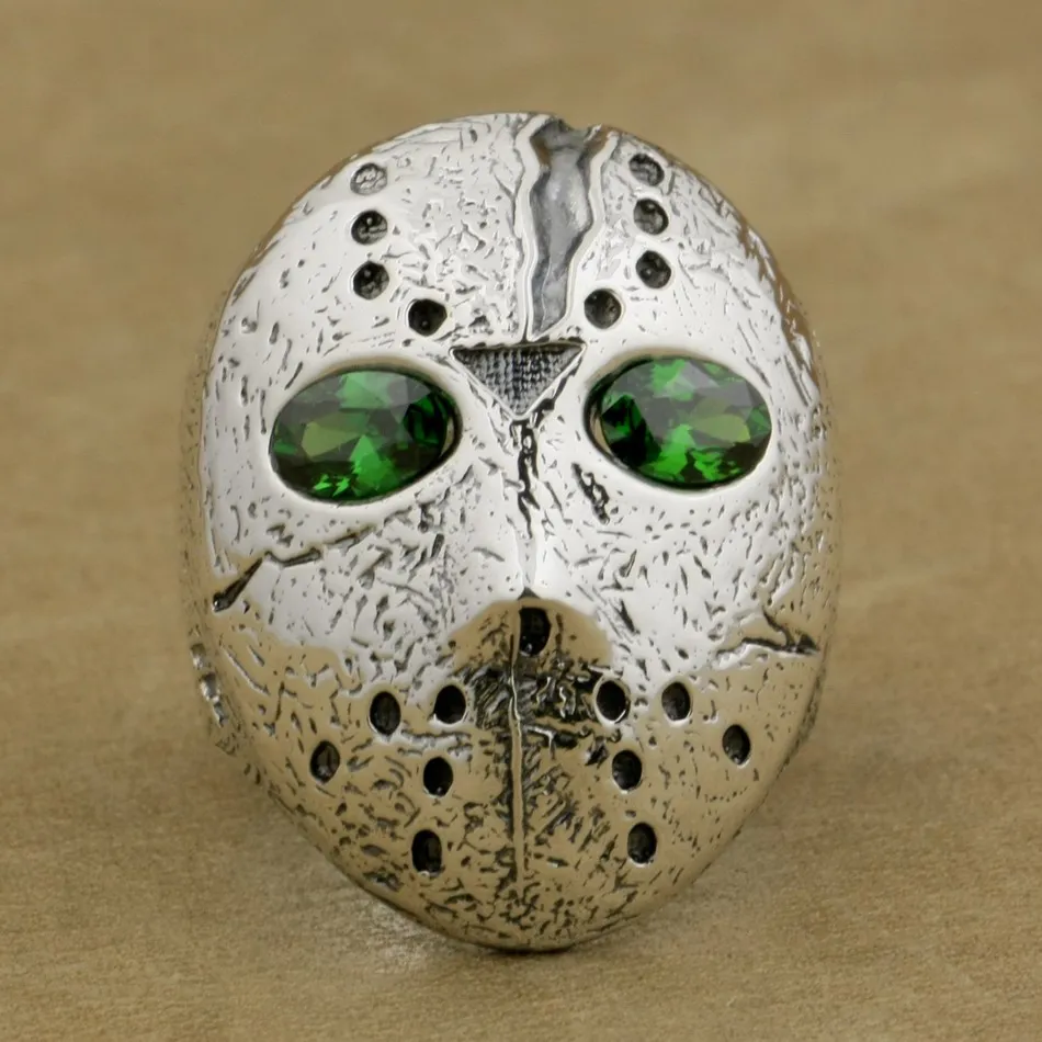 LINSION 925 Sterling Silver Halloween Jason Mask Ring Green CZ Eyes