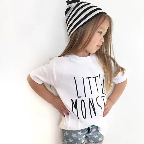 Детская футболка с надписью «little monster» футболка для мальчиков и девочек, одежда для малышей Забавные футболки Tumblr, Прямая поставка Y-129