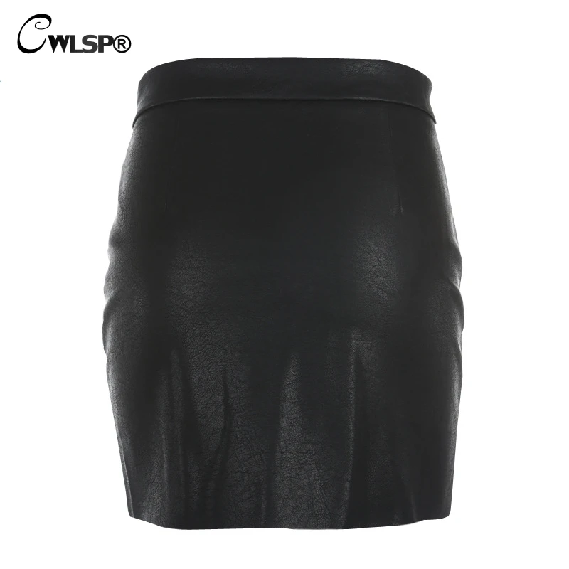 CWLSP High Waist PU Faux Leather Skirts Spring Winter Womens 2018 Popular Front Zipper Ring Mini Skirts Black Short Saia QZ1926