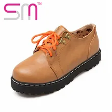 2016 Solid Color Lace-Up Rivets Women Flats Size 34-39 Sole Flat Heels Round Toe Platform Shoes Woman School Style Women Shoes