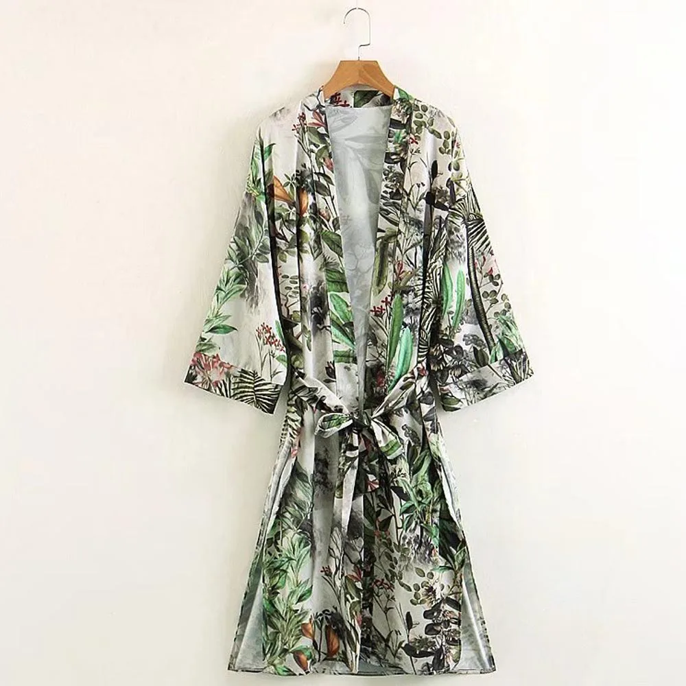 

ANSFX Vintage Green Ethnic Tropical Floral Leaf Long Kimono Cardigan Blouse Sashes Shawl Tied Bow Side Split Hem Shirt Women Top