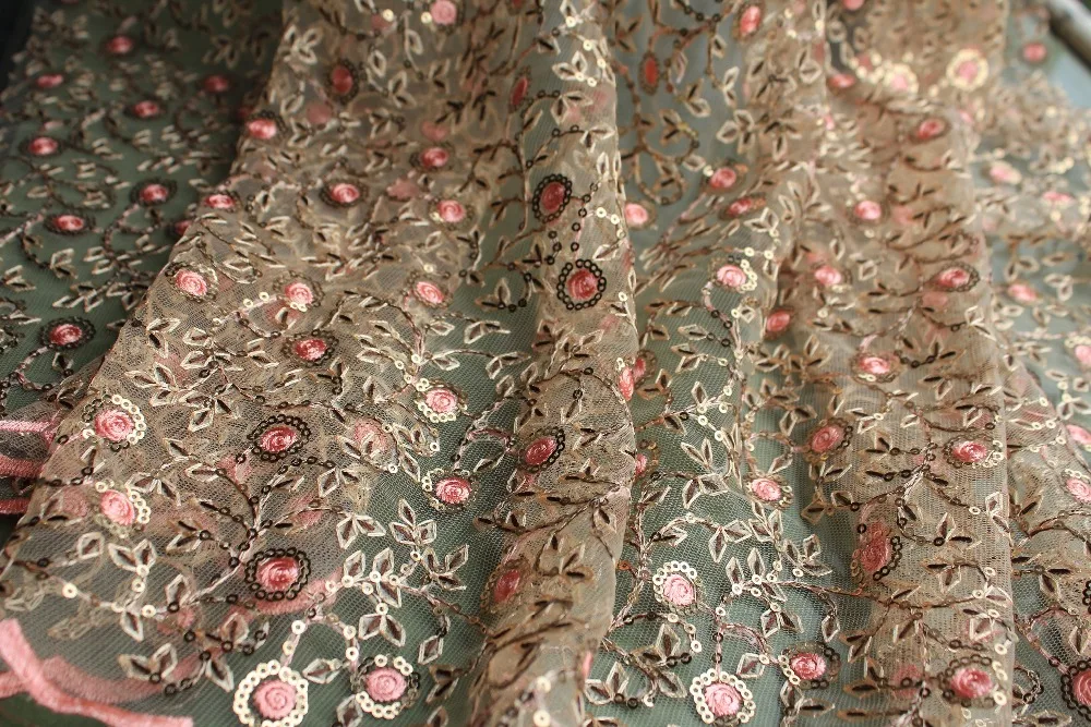 

Beaded Bridal Organza Lace Fabric with Embroidered Daisy Flowers by the yard 1 yard