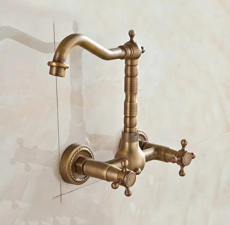 Vintage Retro Antique Brass Wall Mounted Dual Cross Handles Swivel Kitchen Bathroom Sink Basin Faucet Mixer Tap aan024
