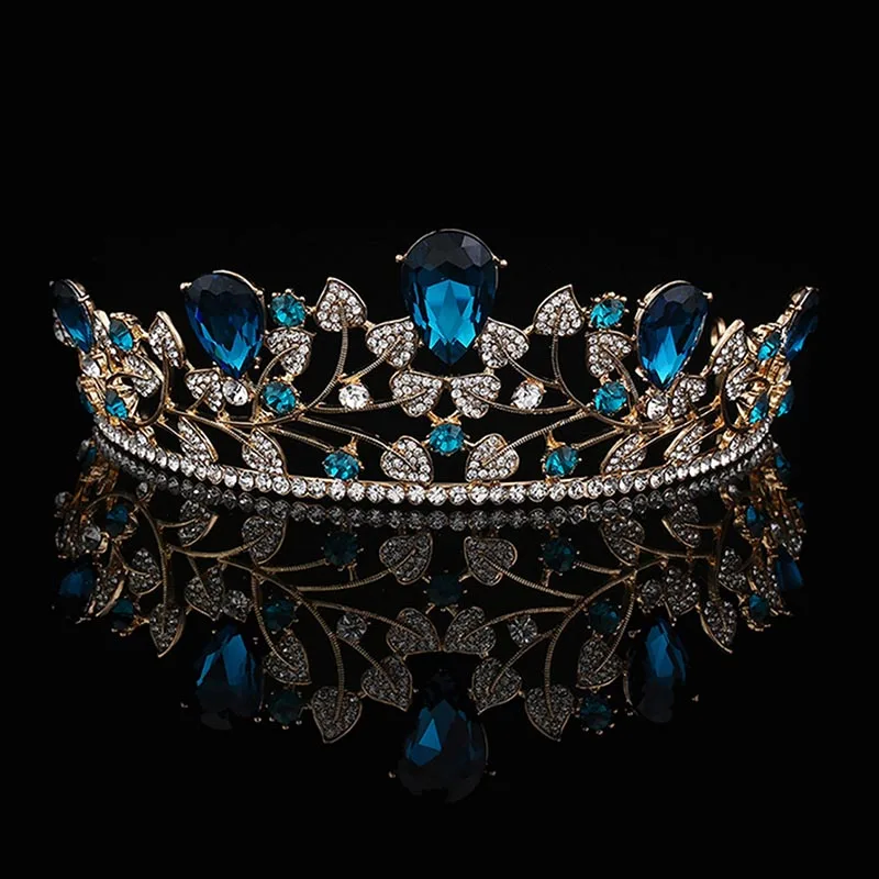 

New Arrival Blue Gold Leaf Crystal Rhinestone Bridal Tiara and Crowns Noiva Diadem Coronal Headpiece Wedding Hair Accessories BH
