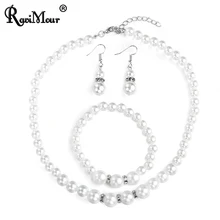 RAVIMOUR 3 pz Simulazione Della Perla Set di Gioielli Regalo di Nozze Dichiarazione Donne Braccialetto Dell'orecchino Della Collana di Cristallo Set Indian Gioielli(China)