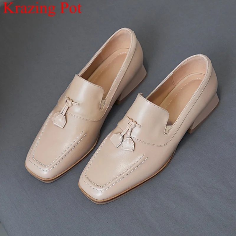 

Krazing Pot 2019 superstar slip on genuine leather square toe women pumps med heel mature sweet concise luxury casual shoes L12