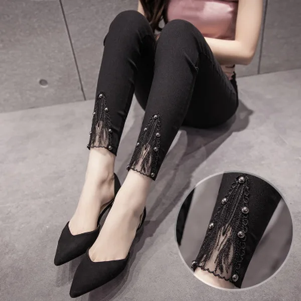 

Plus Size 3XL Women Black Lace Nail bead Pencil Pants Ladies High waist Skinny Stretch Cropped Leggings Trousers Capris Pants
