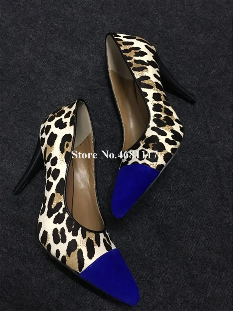 

Sestito Brand Women Fashion Pointed Toe Suede Leather Leopard Thin Heel Pumps Blue Toe Patchwork Colors High Heels Dress Shoes