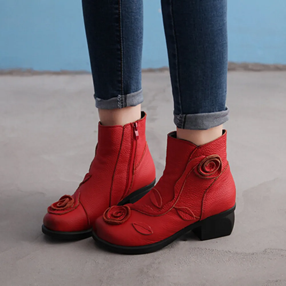 YOUYEDIAN/женские ботинки; коллекция года; женские кожаные ботильоны с цветочным принтом; зимняя обувь; повседневные ботинки в этническом стиле; Zapatos De Botas Mujer - Цвет: Красный