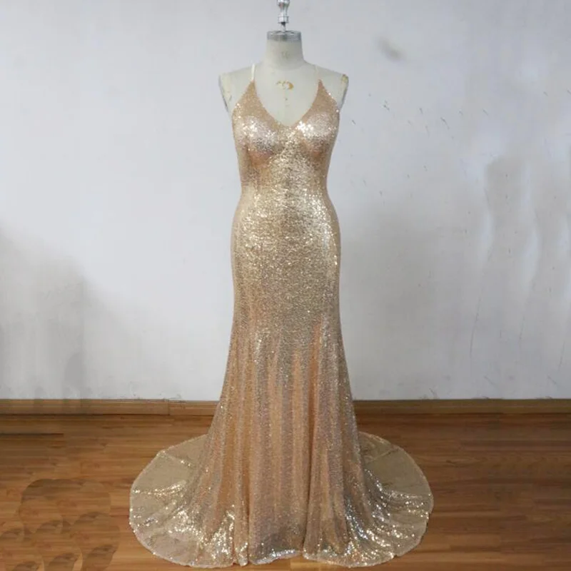 Modest Light Champagne Evening Dress Long Mermaid Sheath Womens Party Formal Gowns Sequin Vestidos Longo Special Occasion Dress