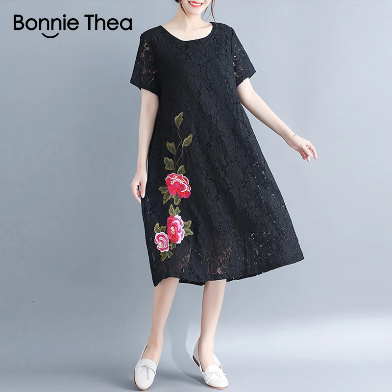 Bonnie thea 2018 Women Plus Size Casual Loose lace Embroidery Dress black big size Summer dress Large size long Dress Vestidos Dresses