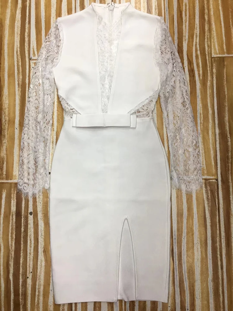 Сексуальное Белое Кружевное Бандажное платье с длинным рукавом дизайнерское модное вечернее платье Vestido