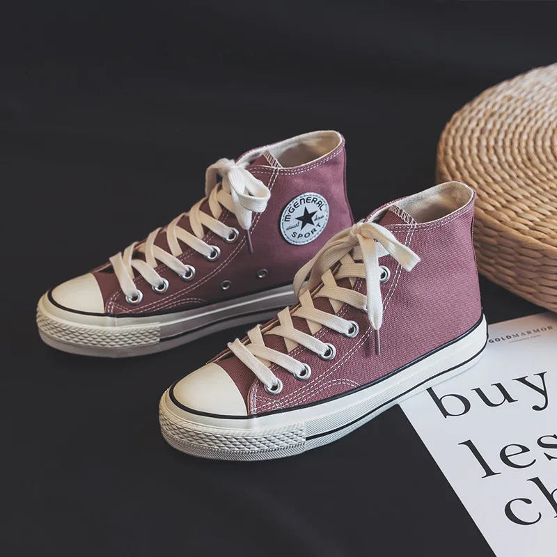 

Women Vulcanized Shoes Classic Style Woman Sneakers Canvas Shoe Solid Color Lace Up High Top Good Quality All Match Spring Shoes