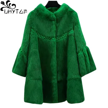 

UHYTGF Winter Fur Jacket Women Luxury Rabbit hair warm coat fashion flared sleeve Loose long fur outerwear Lady Plus size 1145