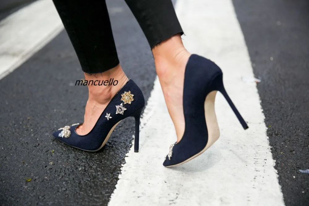 

New Arrival Royal-blue Suede String Bead Flowers Heels Women Sexy Crystal Stars Decorated Pointy Stiletto Heel Pumps