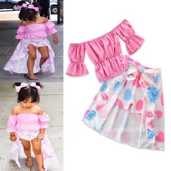 

2018 summer girl clothes /pink off shoulers top + shorts + Apron skirt / Heart print
