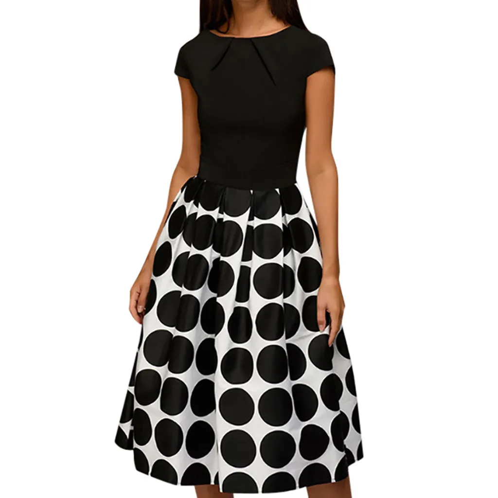 

Feitong Wave Point Elegant Dress Women A-Line Pocket Sashes Vintage Dresses Female Knee-Length Splice Casual Dress Vestidos