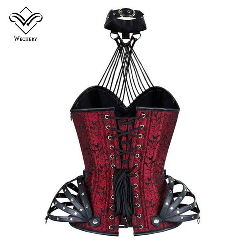 Wechery Steampunk Corset Gothic Clothing Sexy Faux leather Halter Steel Boned Zip Corsets And Bustiers Modeling Strap Newest