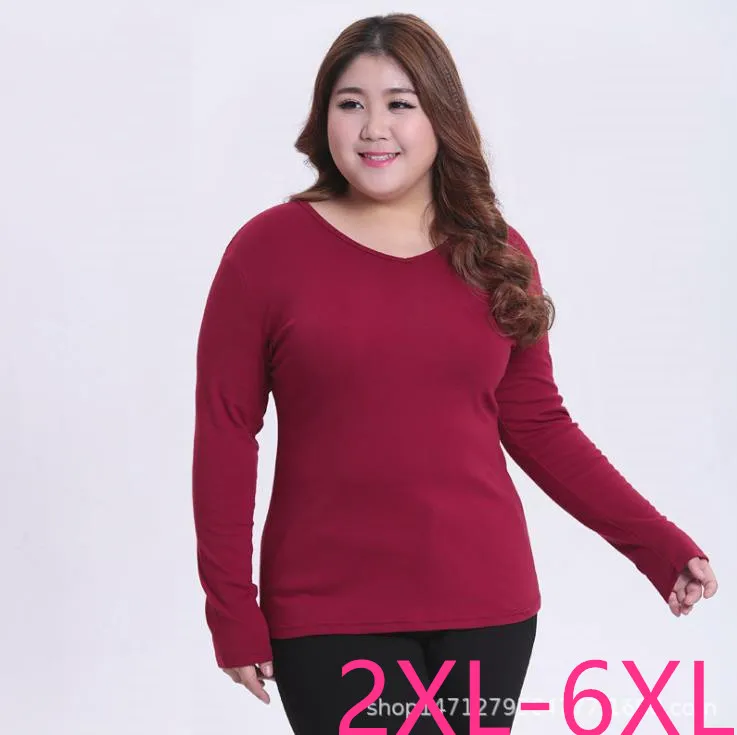 Осень зима размера плюс для женщин высокие эластичные тонкие Топы с длинным рукавом красные женские футболки большого размера с v-образным вырезом 4XL 5XL 6XL 7XL