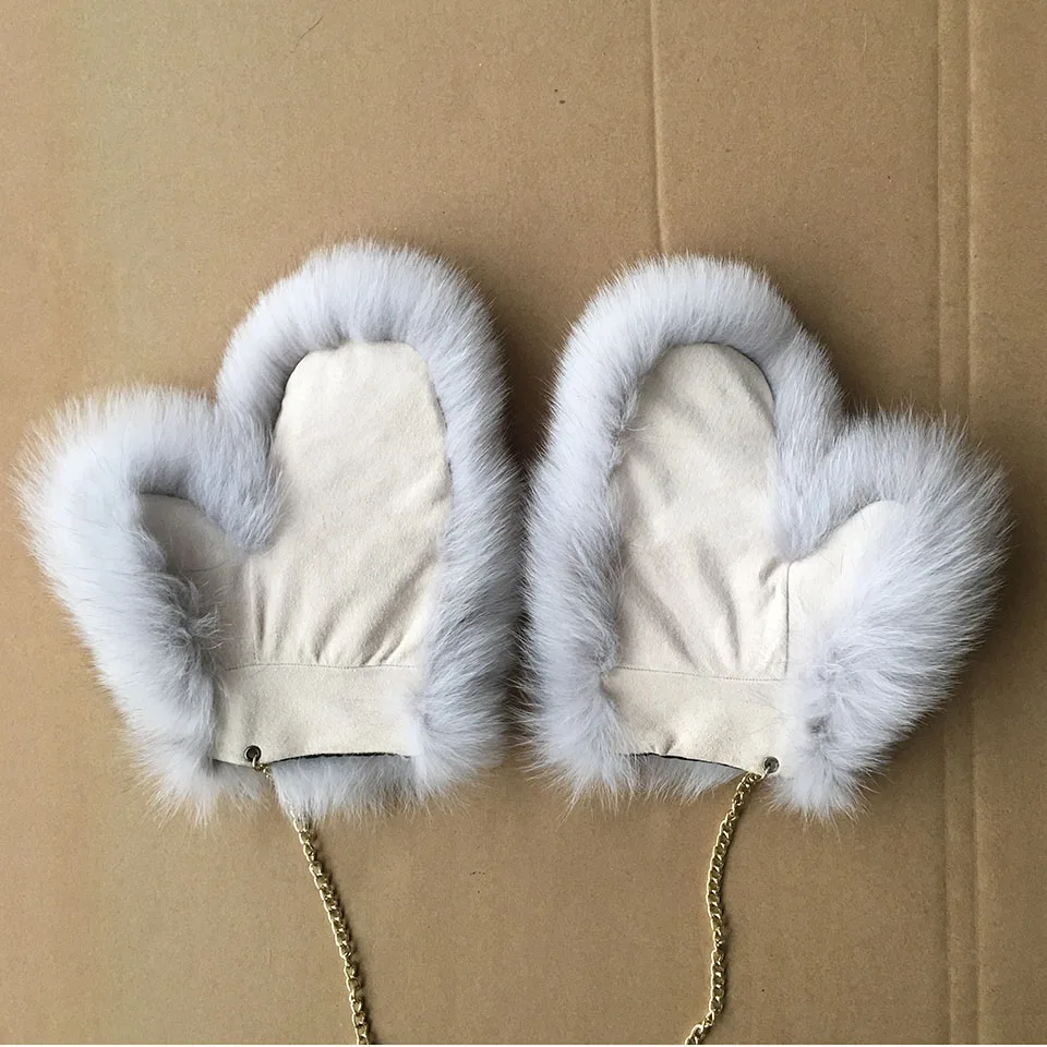 Зимние перчатки с натуральным лисьим мехом из натуральной овчины, перчатки без пальцев, зимние варежки с металлической цепочкой