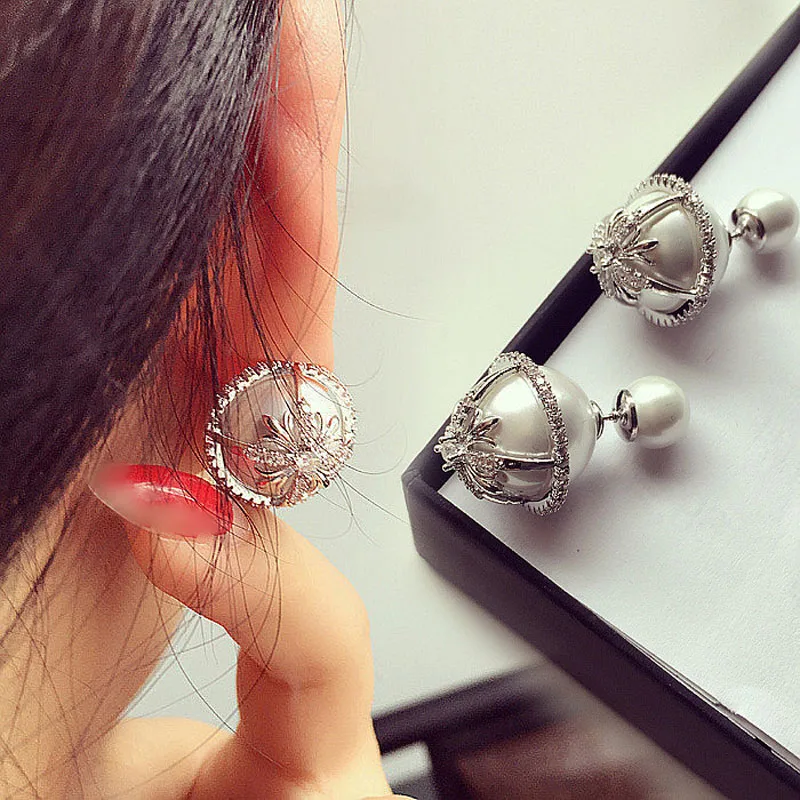 2017 New Fashion Jewelry Faux Pearl Double Sided Earrings Delicate