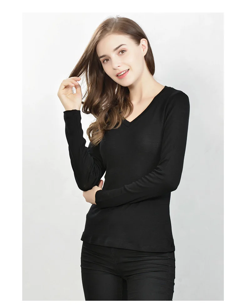 Женская футболка, шерсть, Вязанная, длинный рукав, рубашка для женщин, v-образный вырез,, Осень-зима, джемпер, черный, Винный