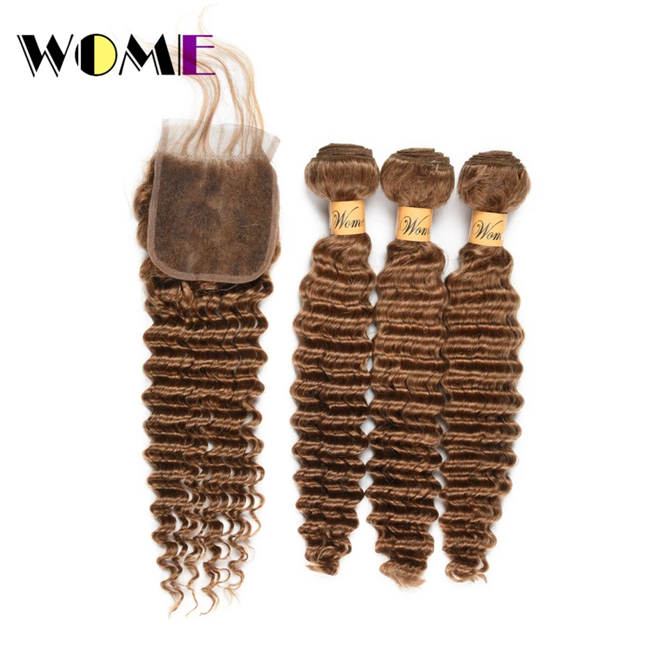 

Wome #27 Burmese Deep Wave Hair 3 Bundles Honey Blonde Color Human Hair With Closure Non Remy Curly Hair Extensions