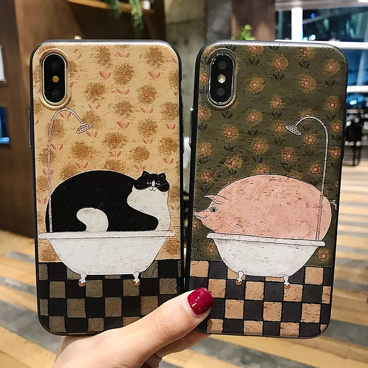 WULAWUKU мода свинья cat в ванной Случаях Жесткий ТПУ чехол для iphone X 8 плюс 7 plus 6s сзади