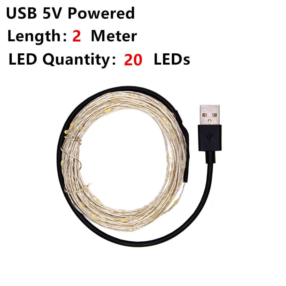 10 м, 5 м, 33 фута, водонепроницаемый, 5 В, USB светодиодный светильник, серебристый медный провод, светодиодный Сказочный светильник, рождественский, Свадебный, для вечеринки - Испускаемый цвет: 2M Powered by USB