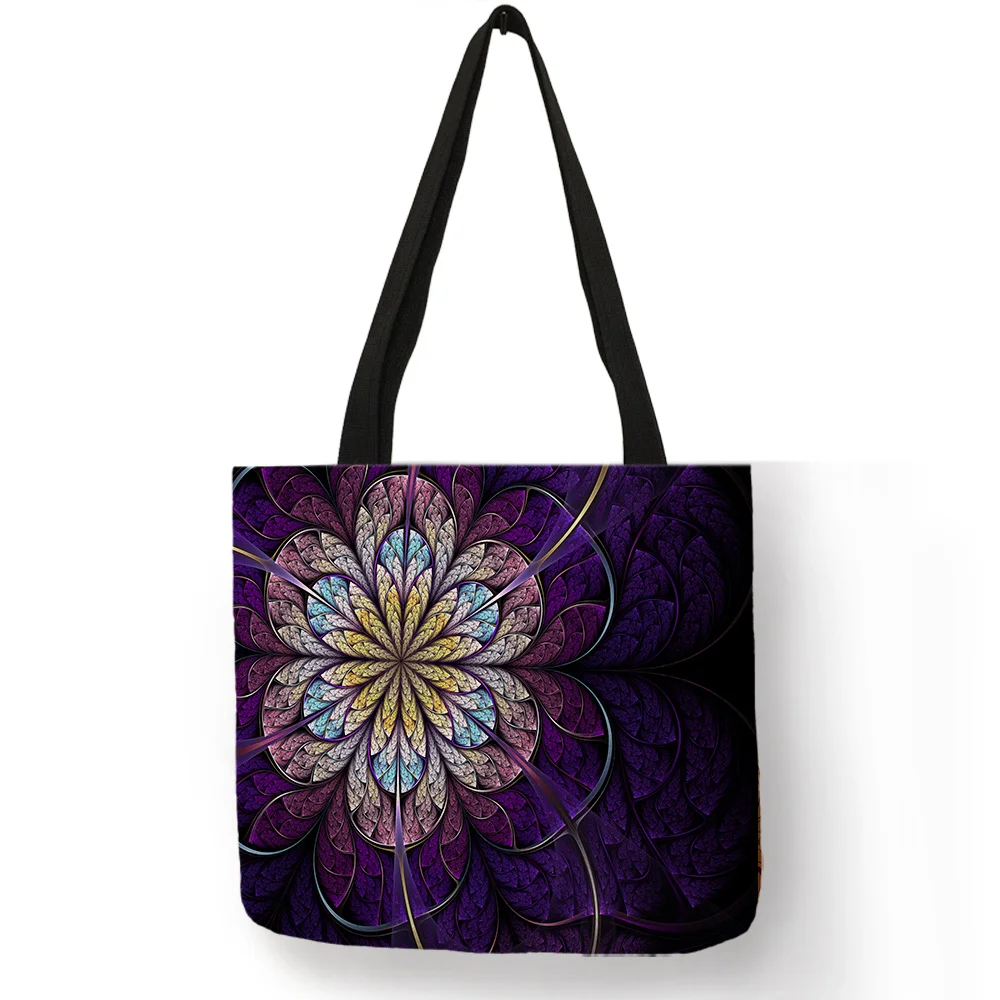 

Golden Purple Colored Floral Pattern Cloth Bags Unisex Casual Multi Function Storage Shoulder Bag Linen Material Washable Totes