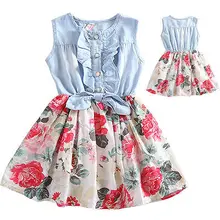 Летняя Новинка г. Платье с цветочным рисунком для девочек денима без рукавов модная детская одежда сарафан