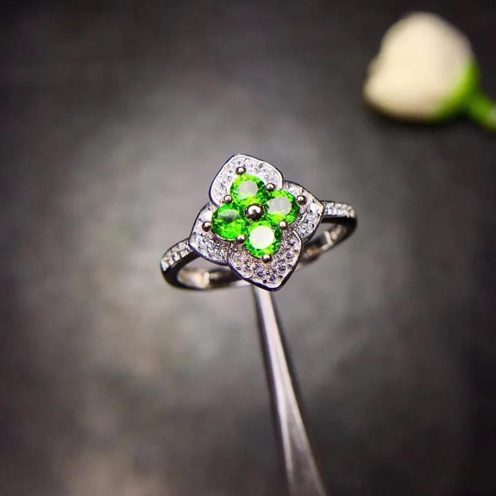 Women's Natural Green Diopside Rings 925 Sterling Silver 3*3mm*4Pcs Gemstone Promise Jewelry with Certificate and Box FJ261 | Украшения