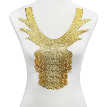 

5piece Gold Metallic Beaded Rhinestones Lace Collar Embroidered Pattern Lace Applique Patches Lace Fabric Motifs Clothes T2061