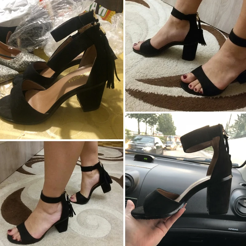 D & Henlu женская обувь 2019 Лето кисточкой из флока женские босоножки сандалии с бахромой босоножки на высоком толстом каблуке sandalias de salto alto