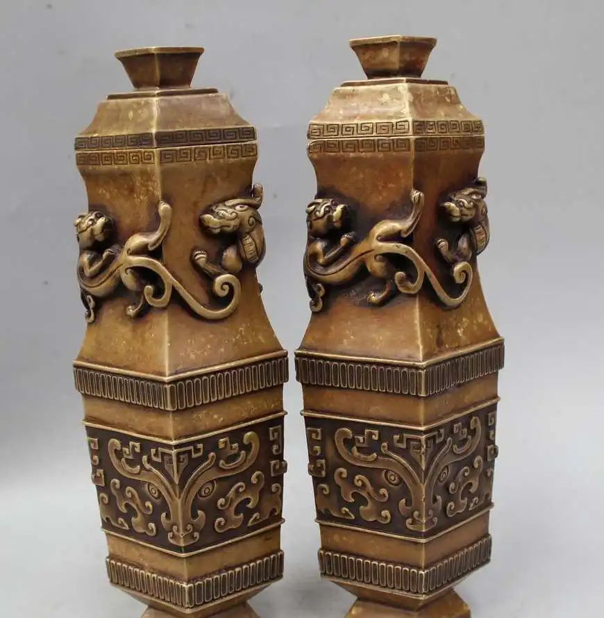 

11" Marked Chinese Dynasty Palace Copper Beast Flower Bottle Vase Pot Pair
