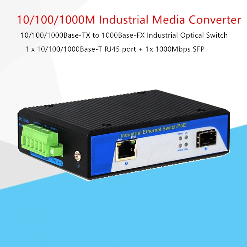

10/100/1000Base-TX to 1000Base-FX Industrial Optical Switch with SFP solts 1 x 10/100/1000Base-T RJ45 port + 1x 1000Mbps SFP