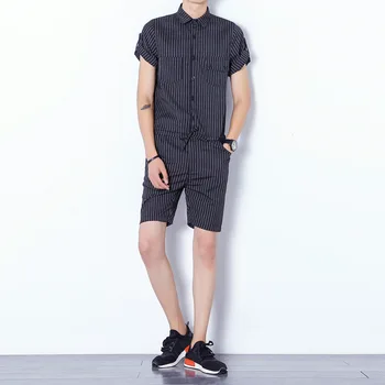 

Helisopus Men Bib Cargo Short Pants Jumpsuits Fashion Striped Design Harajuku Style One Piece Overalls Male Rompers Asian Size
