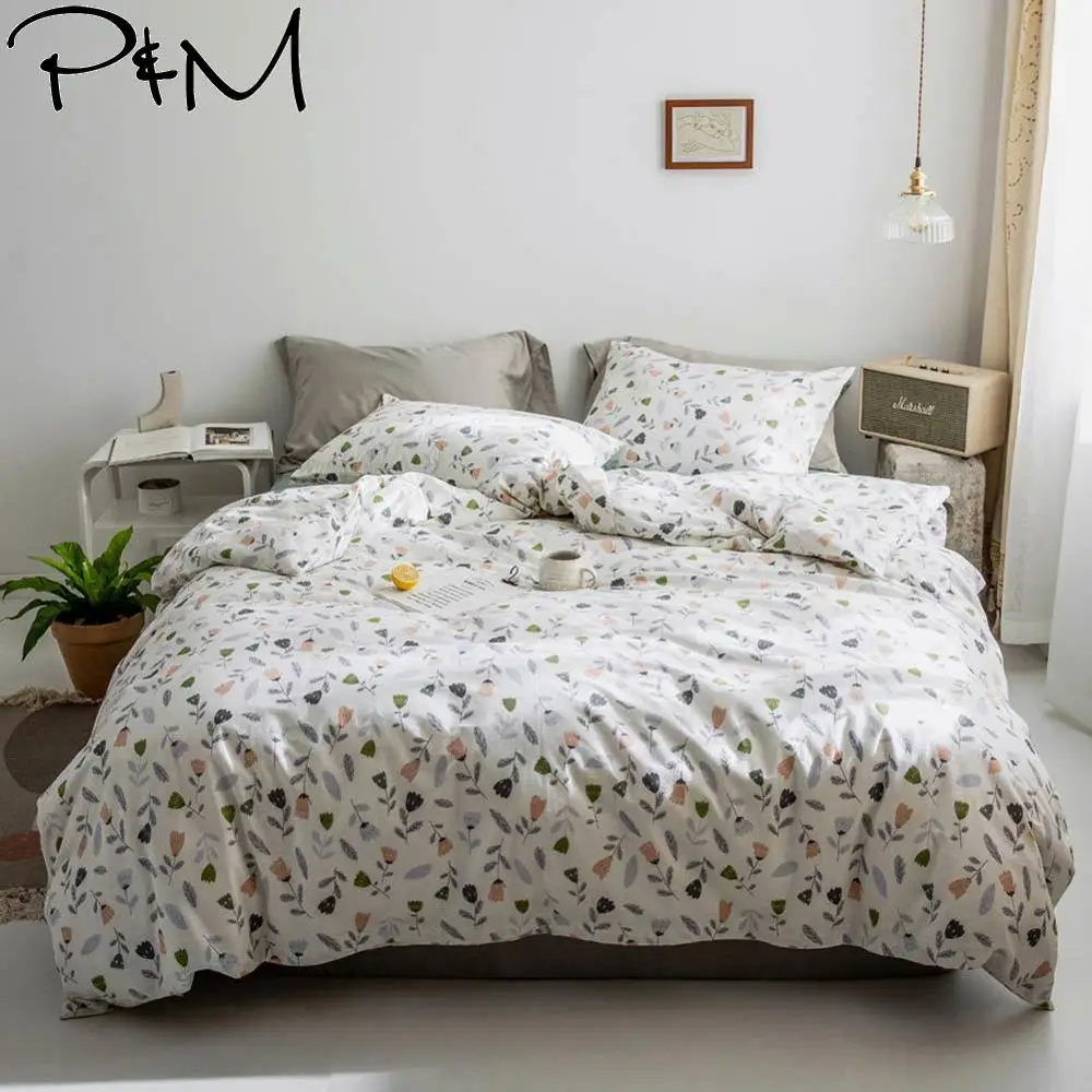 

2019 Pastoral Leaves Flowers Nordic Twin Queen King Size Flat Sheet Fitted Sheet Duvet Cover Set Soft Cotton Bedding Set