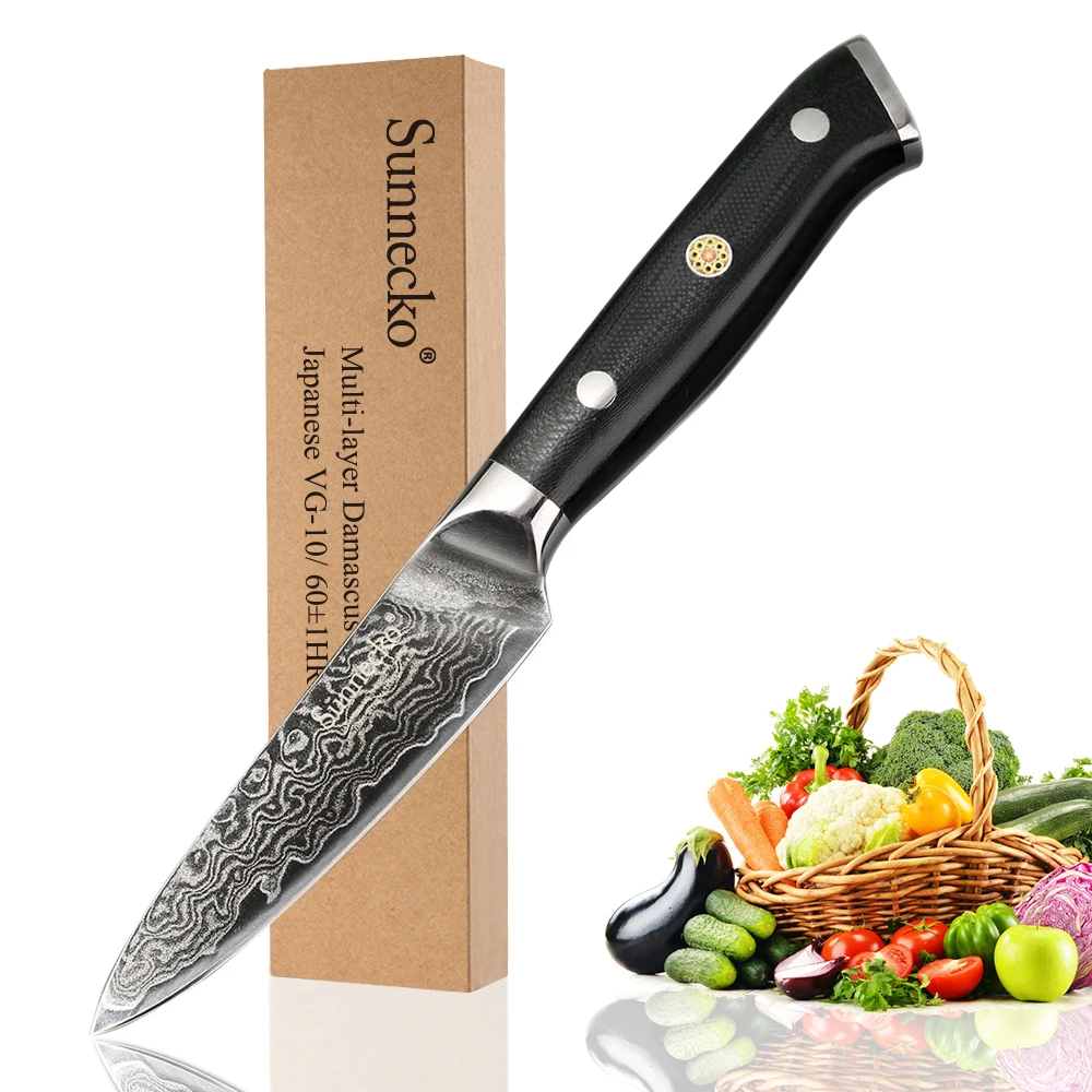 SUNNECKO Премиум 3,5 дюймов нож для очистки овощей Дамасская сталь кухонные ножи японский VG10 лезвие бритвы острый фруктовый резак G10 Ручка
