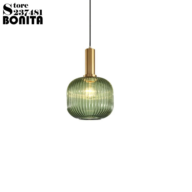 Nordic bedside hanging lamps retro Simple glass striped vintage small pendant lamp Electroplated go - 4000024453351