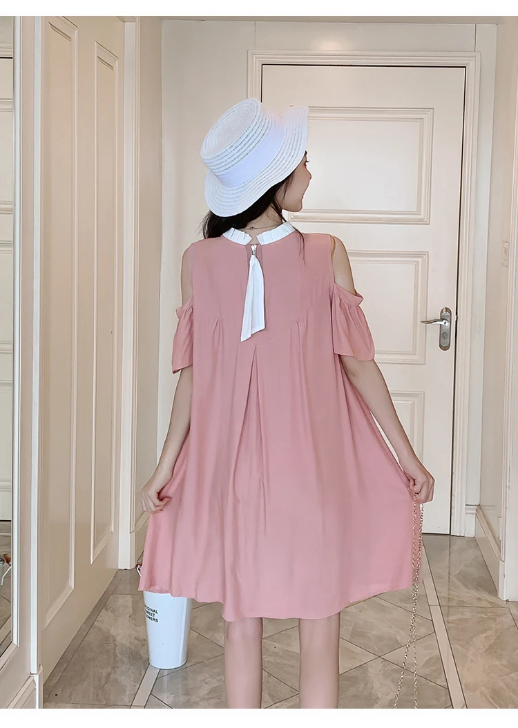 Summer Shoulderless Maternity Cotton Dress Ruffles Stand Collar Back Zipper Fly Pregnant Women A-line Mini Dress Wholesale