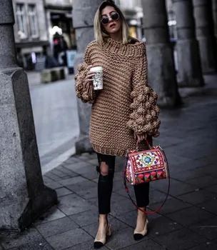 Chunky Knit Sweater2018 Warm Winter Sweater Women Loose Hand Knitted Sweaters Lantern Sleeve Bohemian Pullover Thick Sweater lantern sleeve plain pullover sweater