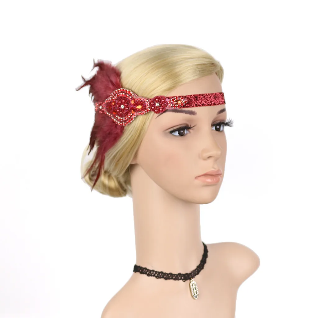 

Fashion Gatsby Flapper Feather Headband 20s Accessories Crystal Beaded Wedding Headpiece CLX Chouchou Cheveux Femme