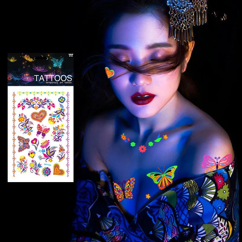 

1/2/3/4/5 Luminous Temporary Tattoos Sticker Glow Dark Fluorescent Waterproof Butterfly Tattoo for Face Body Art Halloween Party