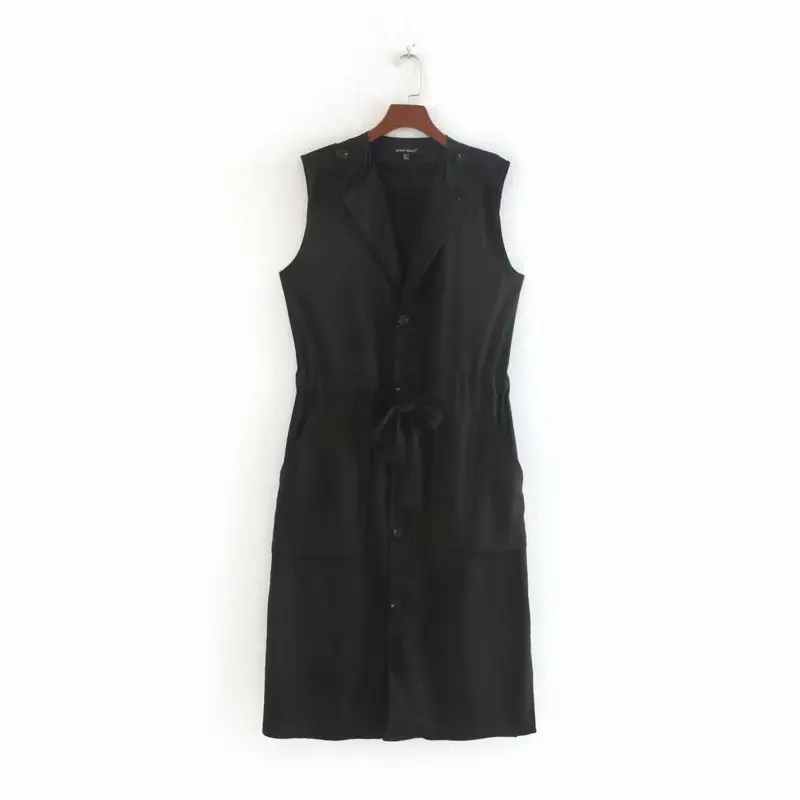 

Women Long Vest 2019 Autumn New Fashion Black Color Single Breasted Sash Sleeveless Trench Modern Lady Casual Outwear