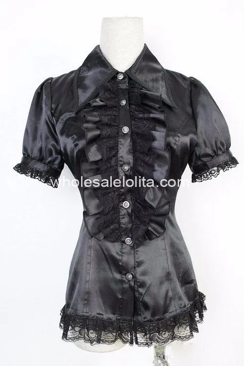 На заказ блузка Черная кружевная с короткими рукавами Готическая Лолита Блузка Милая Кружевная рубашка Лолита