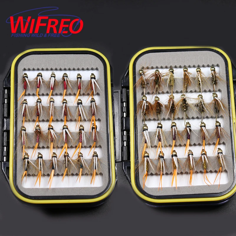 Wifreo Fly Combo 48 шт. 10# латунный золотой Beadhead форель серых рыболовных мух мокрой мухи голова из бисера принц Нимфа