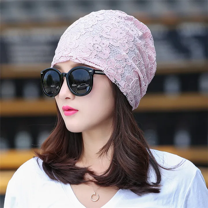 Женская кружевная Цветочная шапка-тюрбан, тонкие полые сетчатые шапочки, летняя шапка, мусульманский головной платок, Chemo, широкий берет-Боб, Femme Gorros - Цвет: pink